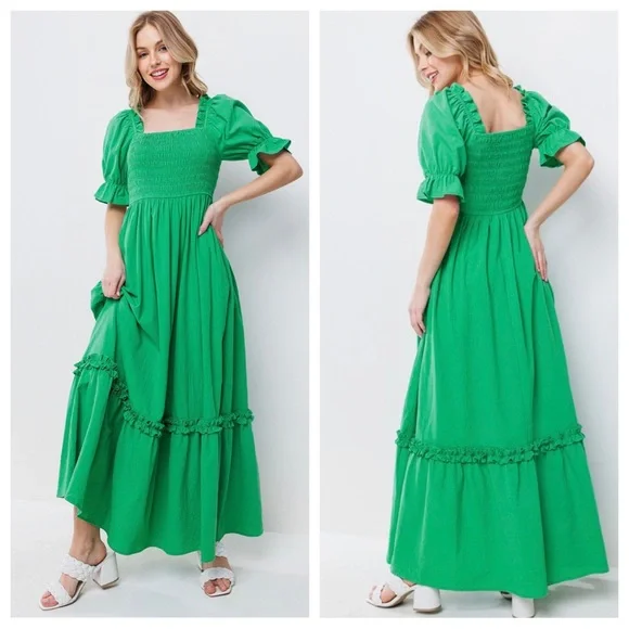 Boho Beautiful Linen Cotton Solid Smoking Detail Long Dress - Picture 2 of 5